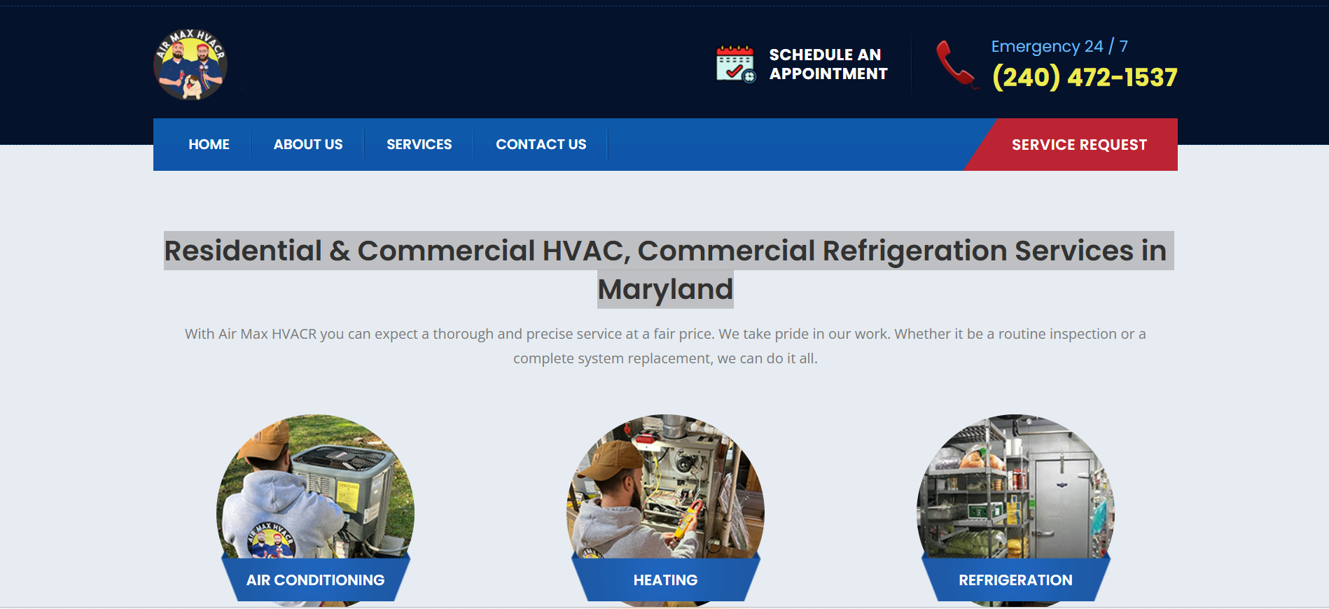 HVAC and refrigeration services website for Maryland-based contractor