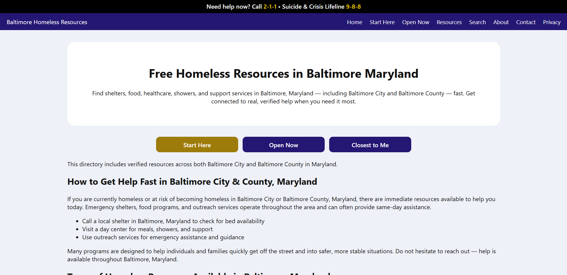 Baltimore Homeless Resources website helping users find shelters and services
